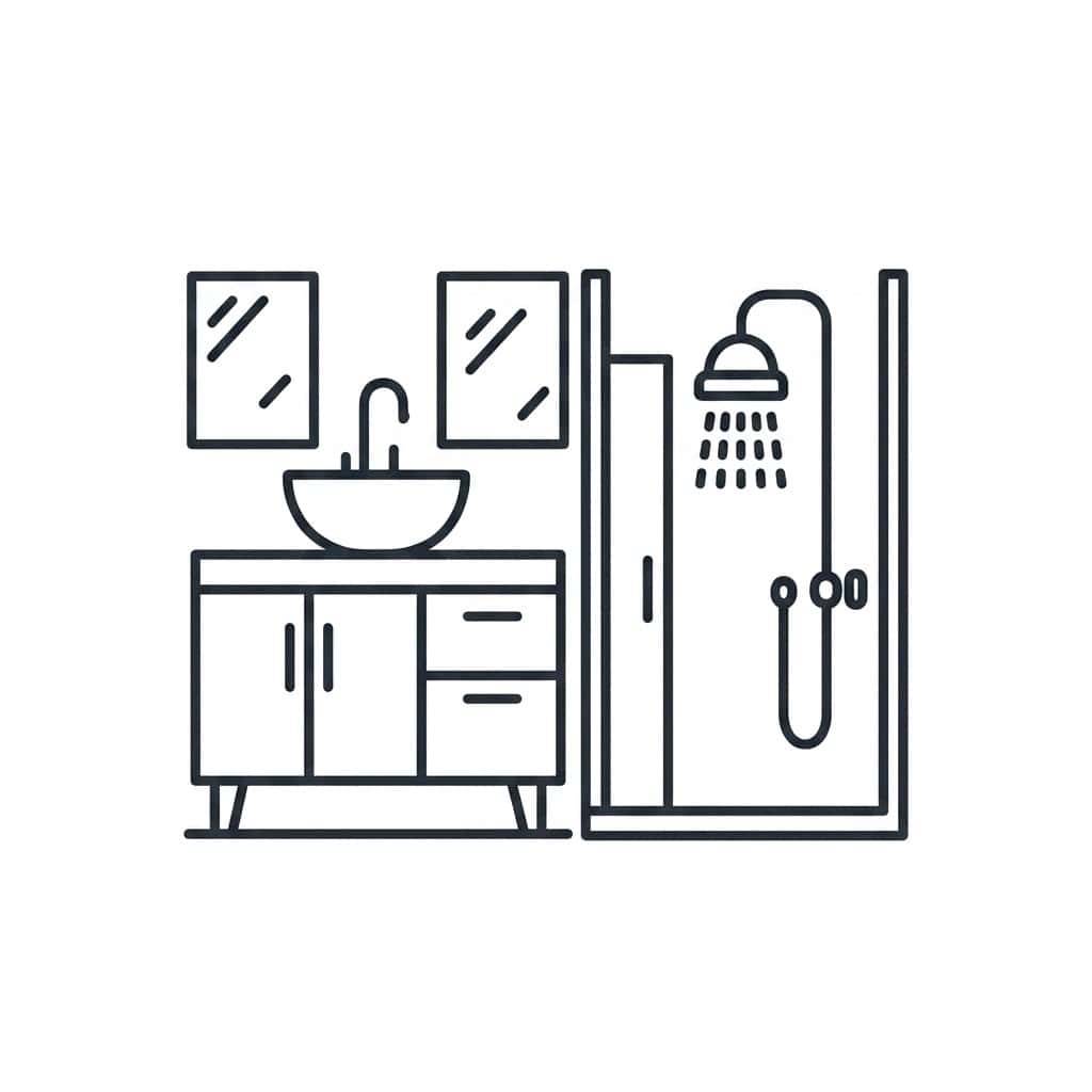 Line drawing of bathroom with sink, mirror, and shower.